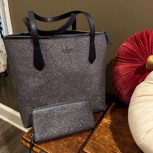 Elegant Black Glitter Tote and Wallet Set